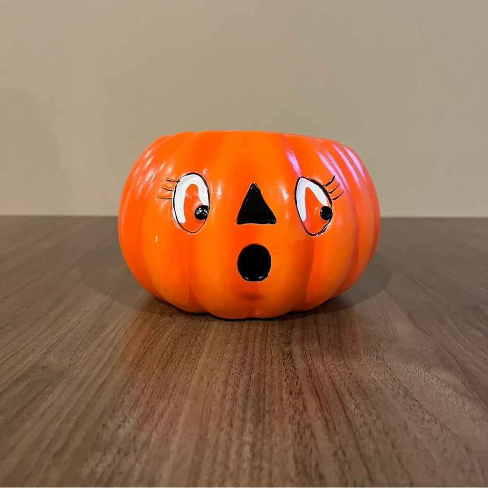 VTG 1980s Anthropomorphic Jack O Lantern Pumpkin Face Ceramic Candy Dish Planter